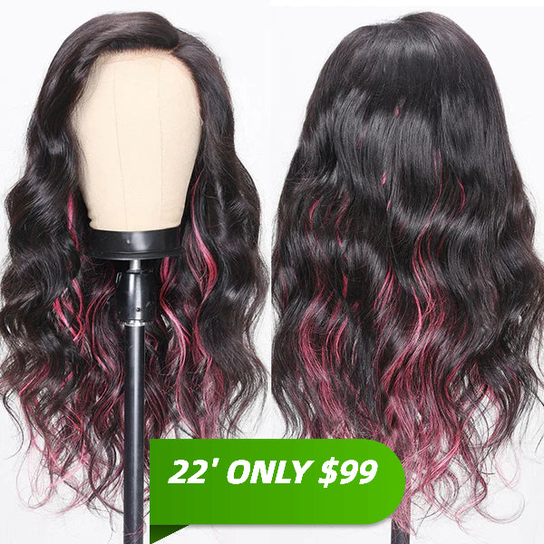 【22”=$99】Klaiyi 13X4 Frontal Natural Black With Pink Highlights Pink Striped Body Wave Human Hair Wigs Flash Sale