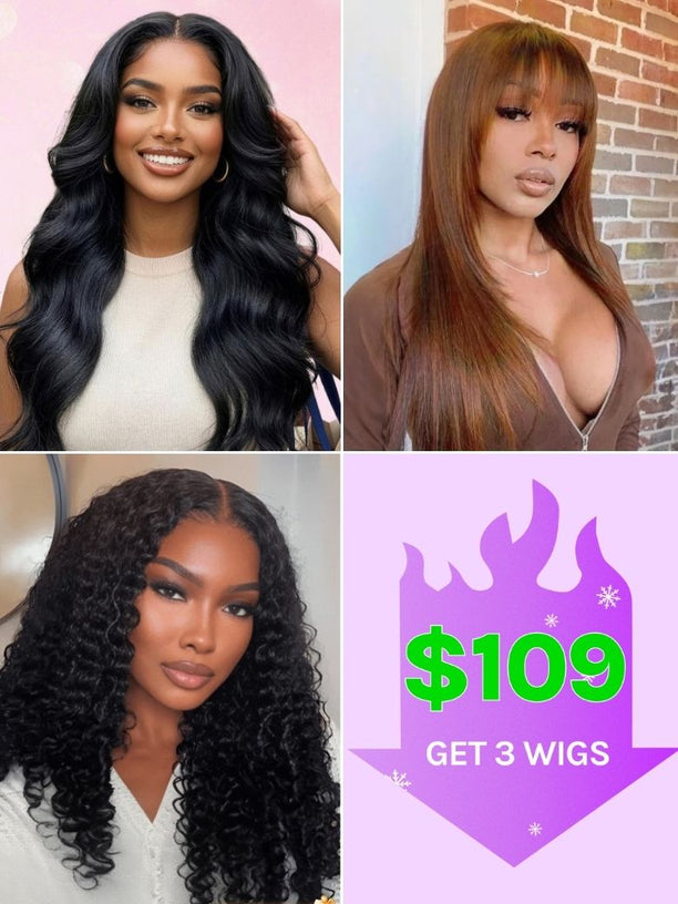 $109 Get 3 Wigs | Klaiyi  Buckle Dark Brown Color Bone Straight Wig + Body Wave + Jerry Curly Wig  Flash Sale