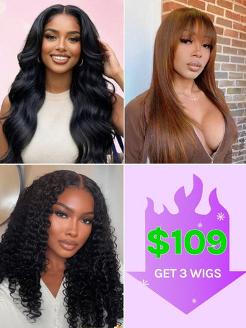 $109 Get 3 Wigs | Klaiyi  Buckle Dark Brown Color Bone Straight Wig + Body Wave + Jerry Curly Wig  Flash Sale