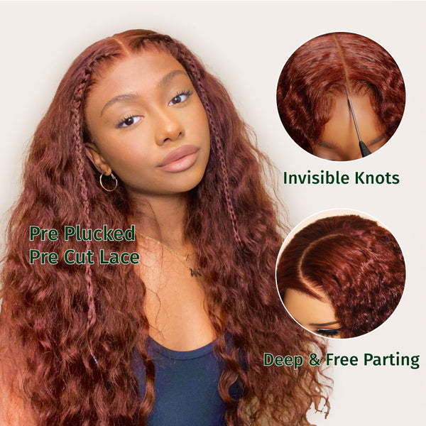 Klaiyi Reddish Brown Water Wave 7x5 Bye Bye Knots Put On and Go Glueless Lace Wig