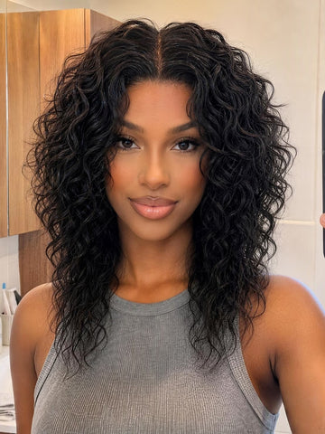 Klaiyi 7x5 No Slip Glueless Lace Closure Wig Natural Black Water Wave Wolf Cut Wig With Face-Framing Layers