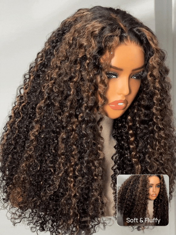 Klaiyi 13×4 Golden Brown Highlight Water curly hair Pre Everything  Lace Wig With Invisible Drawstring