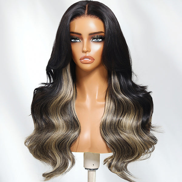 Klaiyi 1B/Gray Blonde Highlights 7x5 Bye Bye Knots Loose Wave Wig Put on and Go Glueless Wig