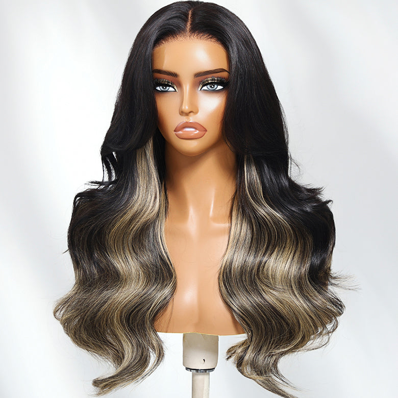 Klaiyi 1B/Gray Blonde Highlights 7x5 Bye Bye Knots Loose Wave Wig Put on and Go Glueless Wig