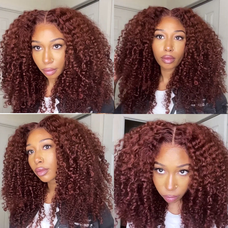 Extra 50% Off, Code: HALF50 | Klaiyi Auburn Brown Color 13x4 Glueless Lace Frontal Wig Kinky Curly Human Hair