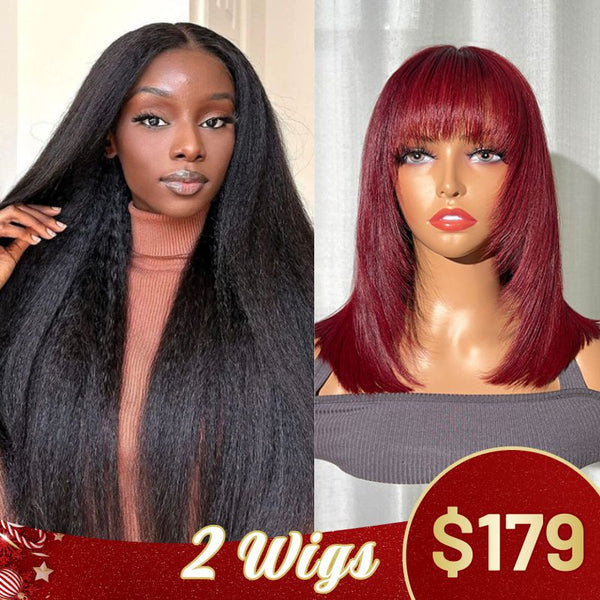 $179 Get 2 Wigs | 180% Density 7x5 Pre-Everything Kinky Straight Wig + 180% Density 13x4 Lace Front Wig Burgundy Bob Wig With Bangs With Layers Flash Sale
