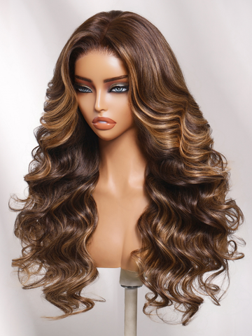 Klaiyi 7x5 No-Slip Glueless Chocolate Brown with Caramel Blonde Highlights Body Wave Put On & Go with Invisi Drawstring