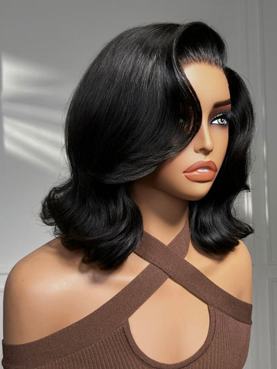 Klaiyi 7x5 No-Slip Glueless Lace Wig Short Glam Blowout Flip Bob 180% Density Put On & Go Human Hair Wig