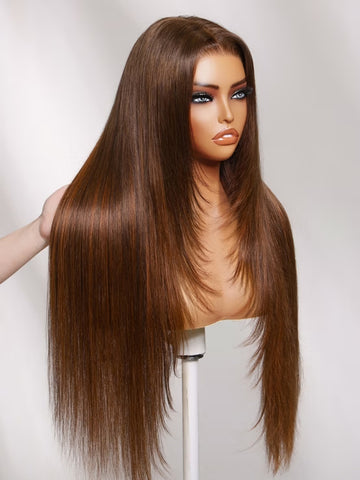 Klaiyi Brown with Golden Copper Highlights Layered Straight Wig 7x5 No-Slip Glueless Lace Human Hair Wig with Invisi Drawstring