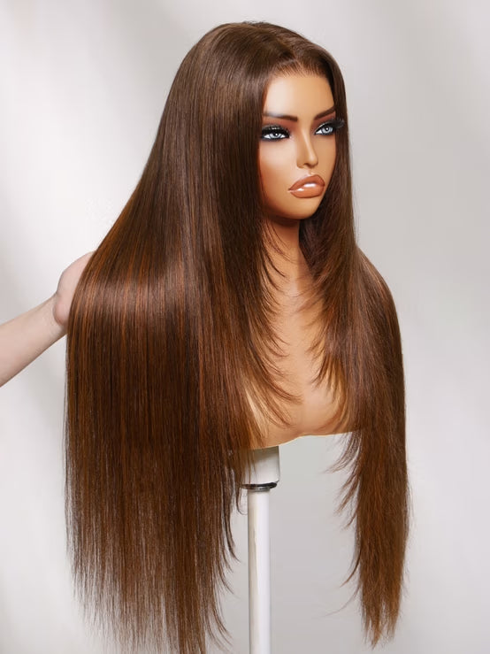 Klaiyi Brown with Golden Copper Highlights Layered Straight Wig 7x5 No-Slip Glueless Lace Human Hair Wig with Invisi Drawstring