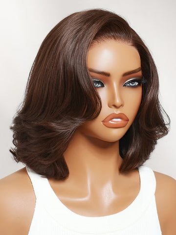 Klaiyi 7×5 Glueless Lace Rich Warm Auburn Brown Effortless Layered Blowout Bob Wig with Invisi Drawstring