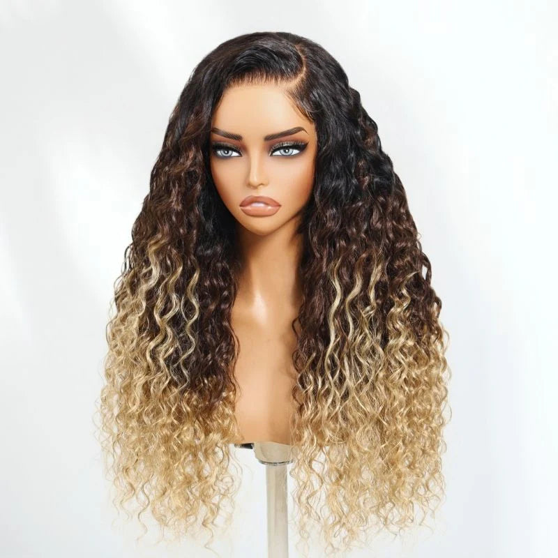 Flash Sale Klaiyi 7x5 Pre Cut 1B/4/27 Ombre Brown to Blonde Water Wave Wig With Dark Roots Lace Wig With Invisi Drawstring