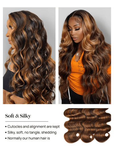 Cheveux Klaiyi Balayage, 3 paquets avec closure en dentelle, mèches ombrées pré-épilées, raie libre, ondulations naturelles