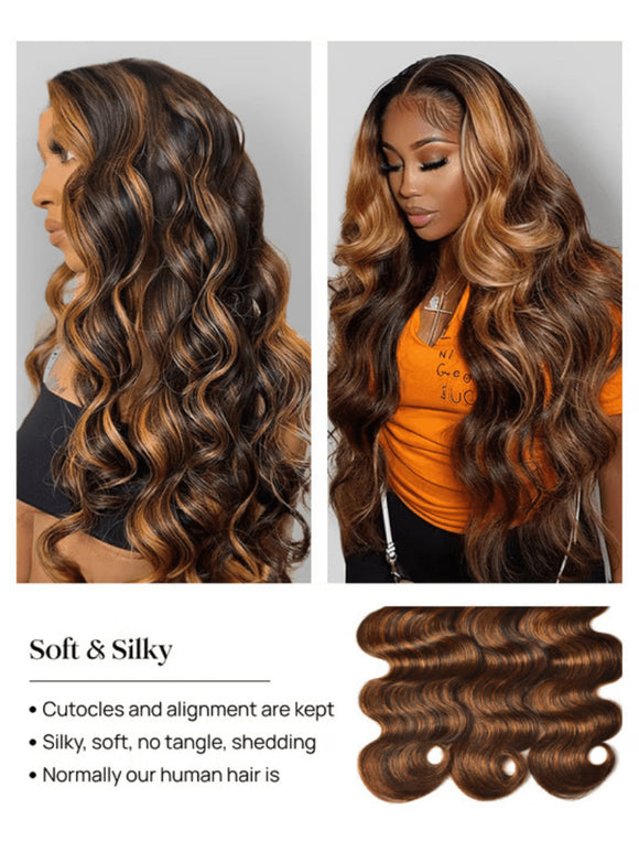Klaiyi Balayage Hair Color 3 Bundles with Lace Closure Pre Plucked Free Part Highlights Ombre Hair Bundles Body Wave