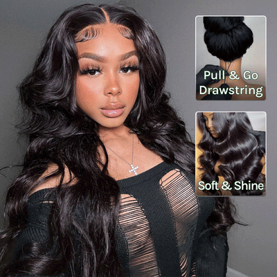 Klaiyi Hair HD Real Scalp™ Wig with Curtain Bangs 13x4 Invisible Lace Frontal Body Wave Wig Natural Black Color