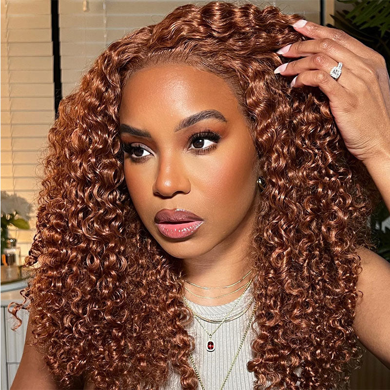 Klaiyi Medium Auburn Brown Colored Jerry Curly Pre-Everything™ 13x4 Lace Frontal Wigs Virgin Human Hair Ginger Color Wigs