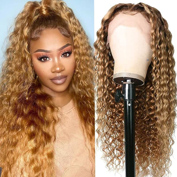 Klaiyi 180% Density Honey Blonde 13x4 Lace Front Water Wave Wig Light Brown Color Flash Sale