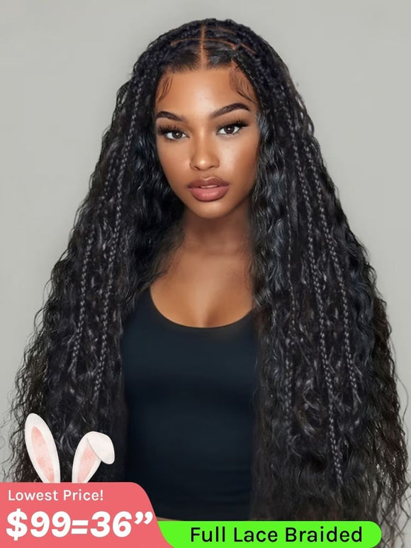 $99=36inch | Flash Sale Klaiyi 34inch Knotless Full Lace Box Braid Wig Boho Goddess Braided Wig with Baby Hair Curly Ends Wig