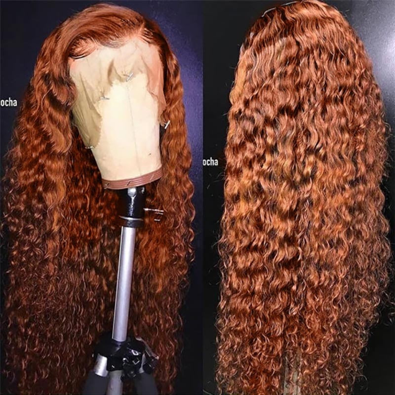 Klaiyi 180% Density Medium Auburn Brown Colored Jerry Curly Lace Front Ginger Color Wigs Flash Sale