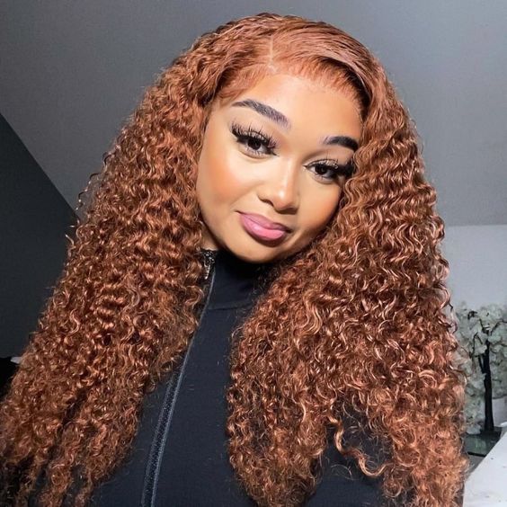 Klaiyi Medium Auburn Brown Colored Jerry Curly Pre-Everything™ 13x4 Lace Frontal Wigs Virgin Human Hair Ginger Color Wigs