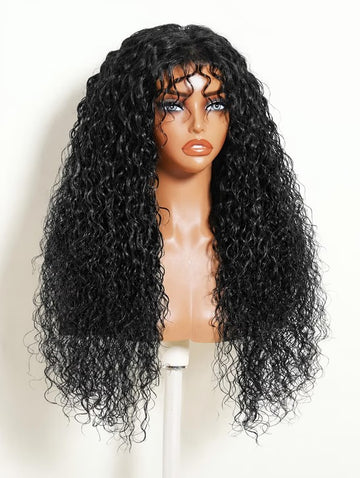 Klaiyi 7x5 No-Slip Glueless Shaggy Curly Wig with Bangs Put On & Go Human Hair Wig