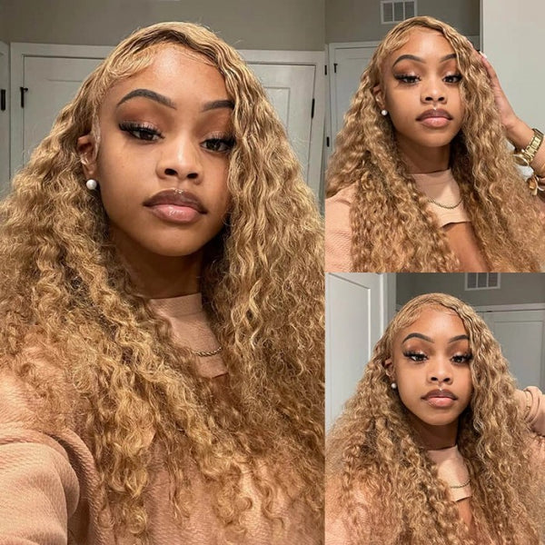 Klaiyi 180% Density Honey Blonde 13x4 Lace Front Water Wave Wig Light Brown Color Flash Sale