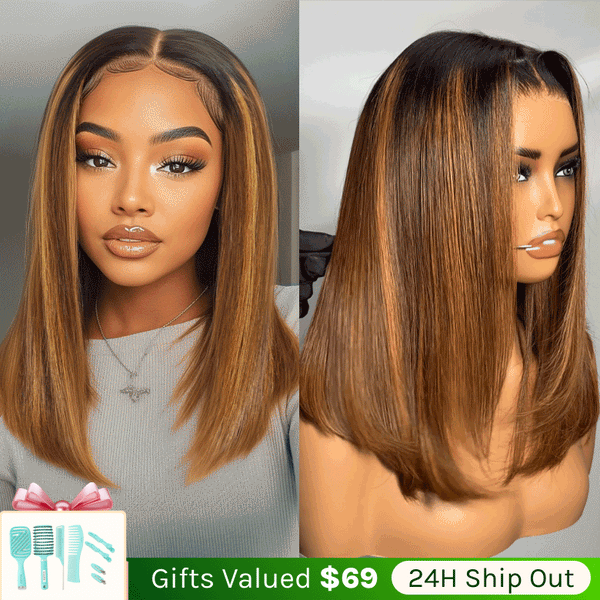 Klaiyi Honey Brown Piano Highlight Bob Wig with Dark Roots 7x5 Bye-Bye Knots Wig Flash Sale