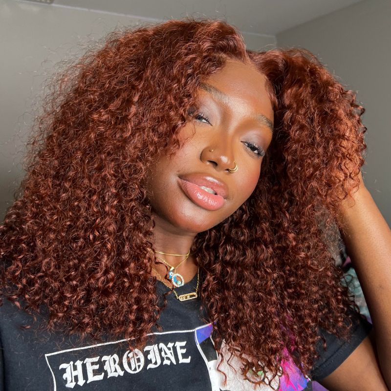 New User Exclusive | Klaiyi Pre-Cut Lace Wig Put On and Go Wigs Reddish Brown Jerry Curly Lace Closure Wig