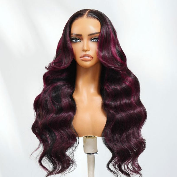 Klaiyi 1B/99J# Natural Black Mixed with 99J Burgundy 13x4 Pre Everything Lace Frontal Wig