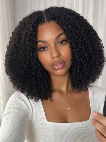 Klaiyi 7x5 No-Slip Glueless Lace Closure Wig Natural Curly Bob 4A/4B Inspired Curls Wash-and-Go Face-Framing Twist-Out