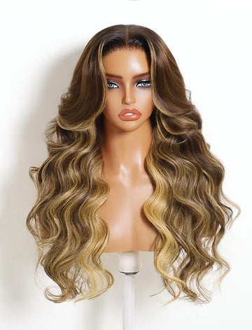 Klaiyi 7x5 No-Slip Glueless Chocolate Brown Honey Blonde Highlight Loose Wave Wig Layered Human Hair Wig with Curtain Bangs