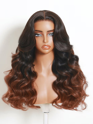 Klaiyi 13x4 Pre-Everything Lace Frontal Chocolate Cherry Brown Ombre Body Wave Human Hair Wig