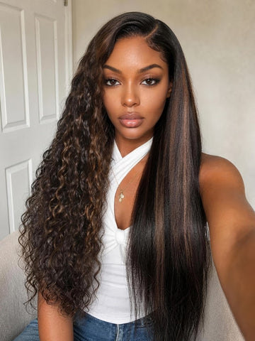 Klaiyi Dream Curls 2-IN-1 Wet & Wavy Wig Straight to Water Wave Golden Brown Highlight 7x5 Glueless Lace Human Hair Wig