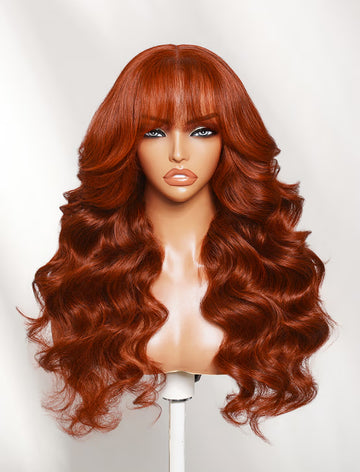 Klaiyi Dark Copper Auburn Body Wave Wig 7x5 No-Slip Glueless Lace Human Hair Wig with Face Framing Curtain Bangs