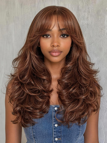 Klaiyi Auburn Brown 7x5 No-Slip Glueless Wig Body Wave with Face-Framing Layers & Wispy Bangs