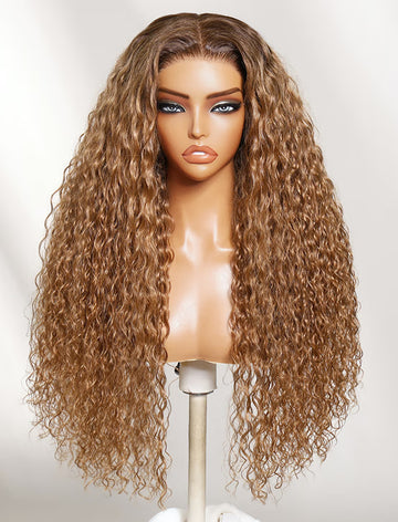 Klaiyi 7x5 No Slip Glueless Lace Wig Honey Golden Brown Water Wave Human Hair Wig