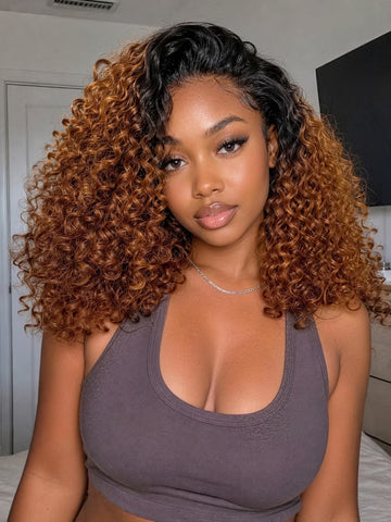 Klaiyi  MeltLine™ Half Wig 3/4 Flip Over Black to Copper Brown Ombre Curly Half Wig Flash Sale