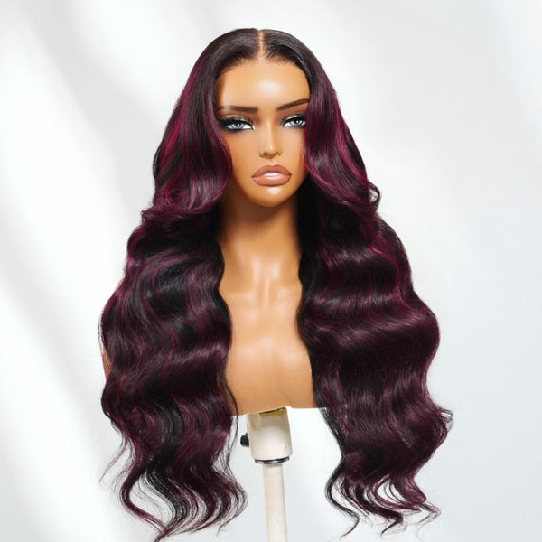 Klaiyi 1B/99J# Natural Black Mixed with 99J Burgundy 13x4 Pre Everything Lace Frontal Wig