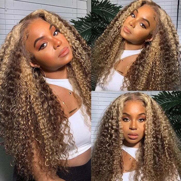 【BEST18"=$88】Klaiyi 13x4 Lace Front 180% Highlight Blonde Kinky Curly Wig Wig Flash Sale