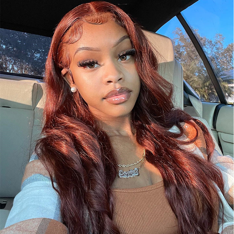 Klaiyi Brunette Auburn Copper 13x4 Pre everything Lace Frontal Wig Body Wave Virgin Human Hair Reddish Brown Color