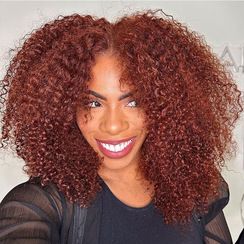 $50 OFF Full $51 | Code: SAVE50 Klaiyi Pre-Cut 4C Afro Kinky Curly Wig Auburn Brown 13x4 Lace Frontal Wig