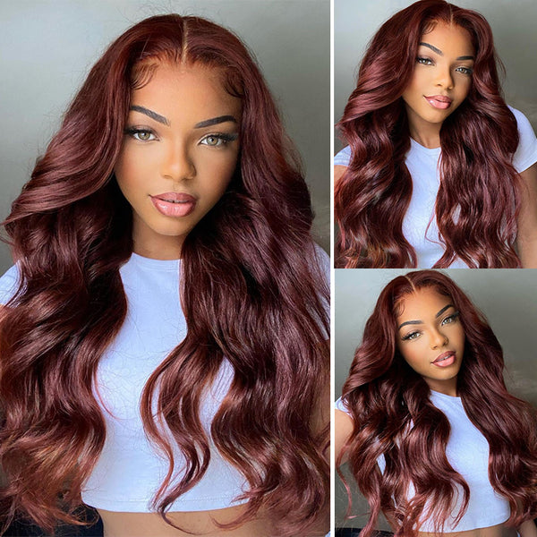 Klaiyi Brunette Auburn Copper 13x4 Pre everything Lace Frontal Wig Body Wave Virgin Human Hair Reddish Brown Color