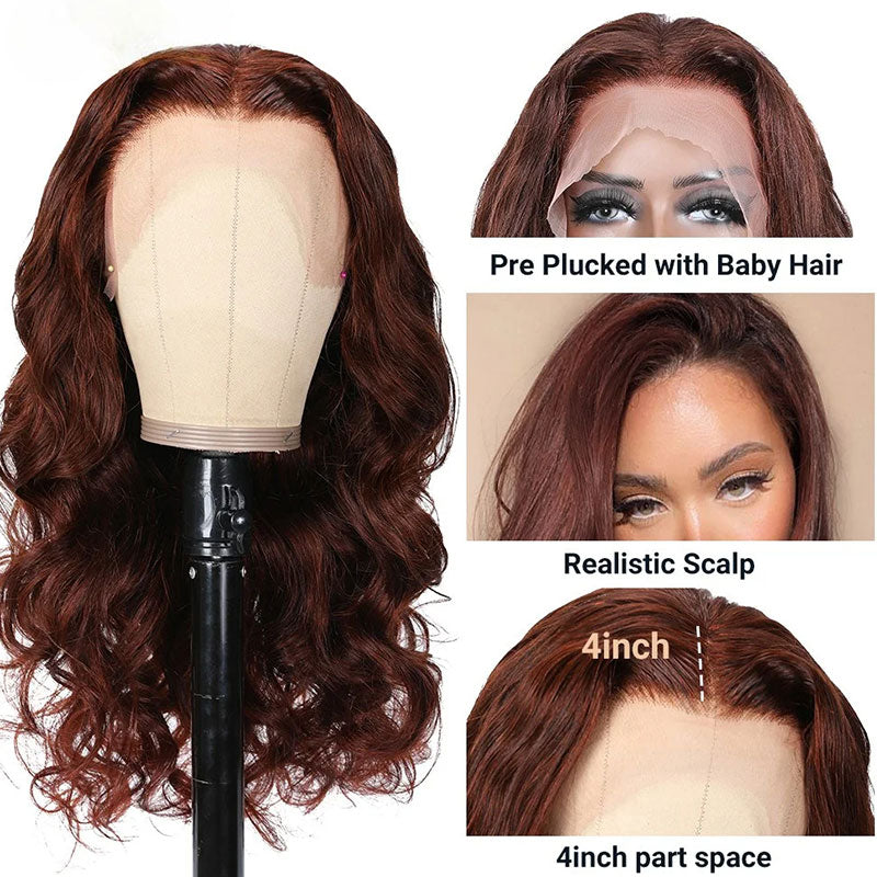 Klaiyi Brunette Auburn Copper 13x4 Lace Frontal Wig Body Wave Virgin Human Hair Reddish Brown Color