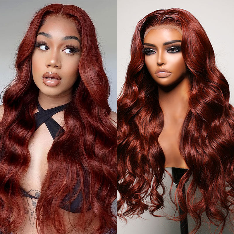 Klaiyi Reddish Brown Body Wave 13x4 Lace Front Wig Human Hair Water Wave Natural Density Auburn Copper Color