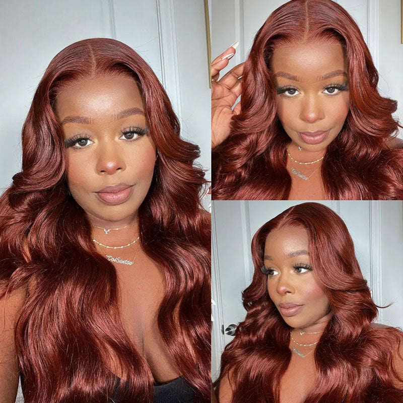 Klaiyi Brunette Auburn Copper 13x4 Pre everything Lace Frontal Wig Body Wave Virgin Human Hair Reddish Brown Color