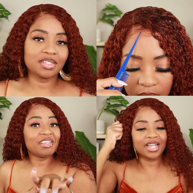 Klaiyi Pre-Cut Lace 200% Density Wig Wear & Go Reddish brown Jerry Curly Wig with Breathable Cap