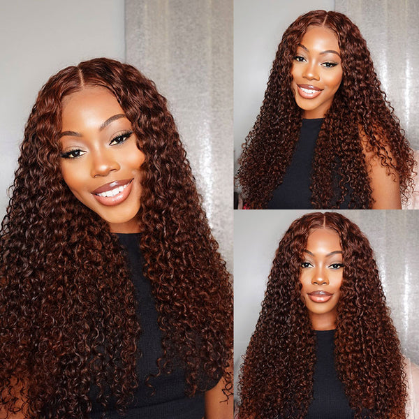 Klaiyi 7x5 Reddish Brown Jerry Curly Put on & Go Wig with Bleach Knots Flash Sale