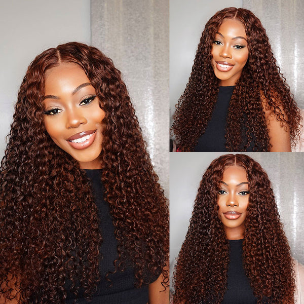 Klaiyi 6x4.75 Pre-Cut Swiss Lace Wig Put On and Go Reddish Brown Color Jerry Curly Flash Sale Bleach Knots