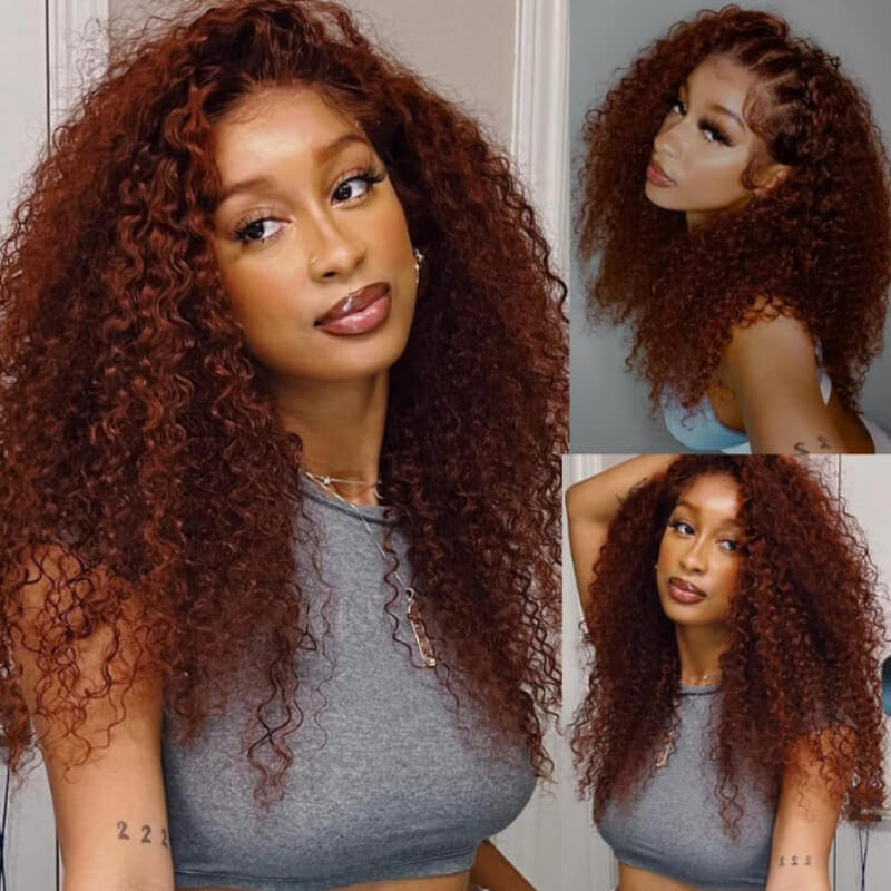 Klaiyi Reddish Brown Jerry Curly 7x5 Bye Bye Knots Human Hair Wig Put On and Go Glueless Lace Wig