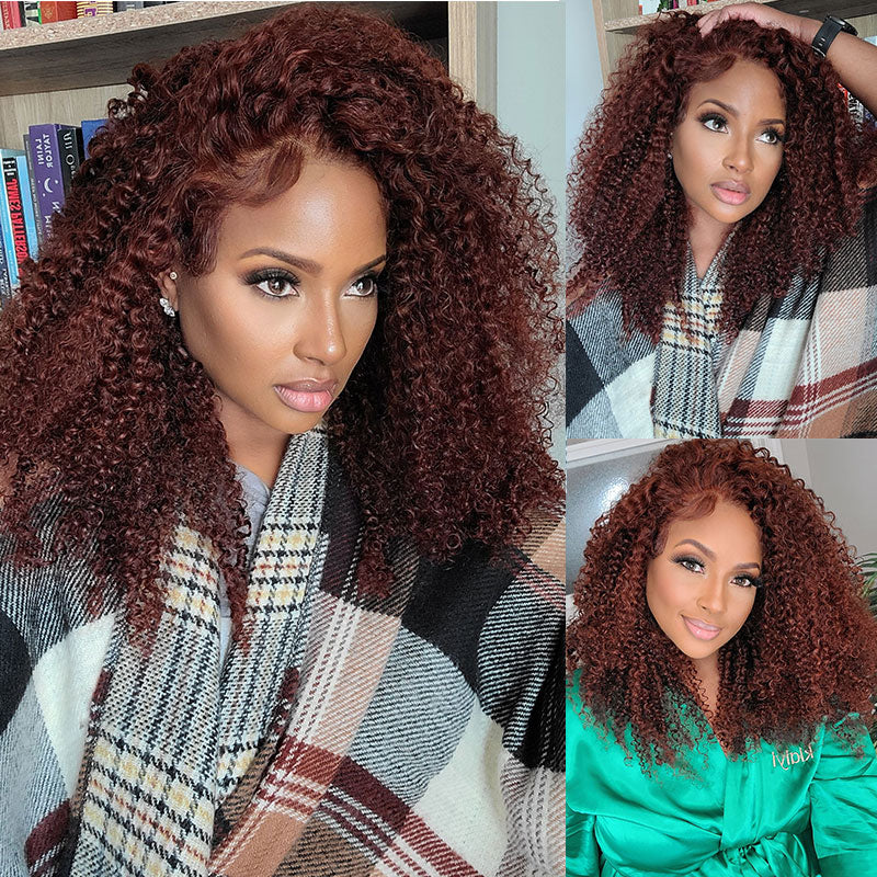 Extra 60% OFF | Klaiyi Auburn Brown Color 13x4 Glueless Lace Frontal Wig Kinky Curly Kinky Straight Human Hair